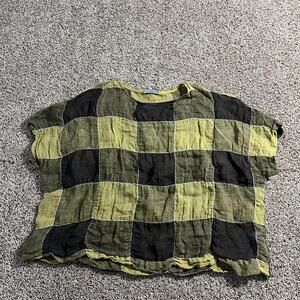 Chalet Et Ceci Shirt Womens Medium Yellow Black Boxy Top Made USA Lagenlook Boho